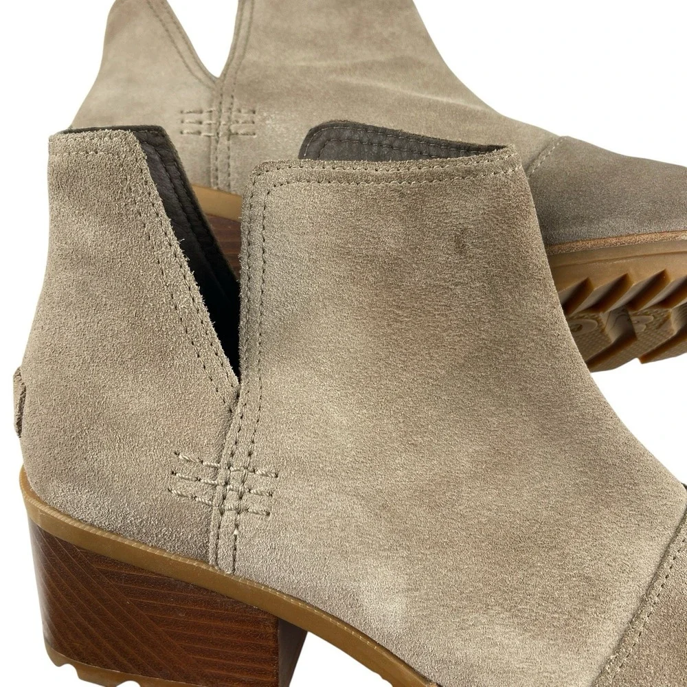 Sorel Women's Cate Ankle Booties 9.5 Taupe Suede Block Heel Cut-Out Boots Boho